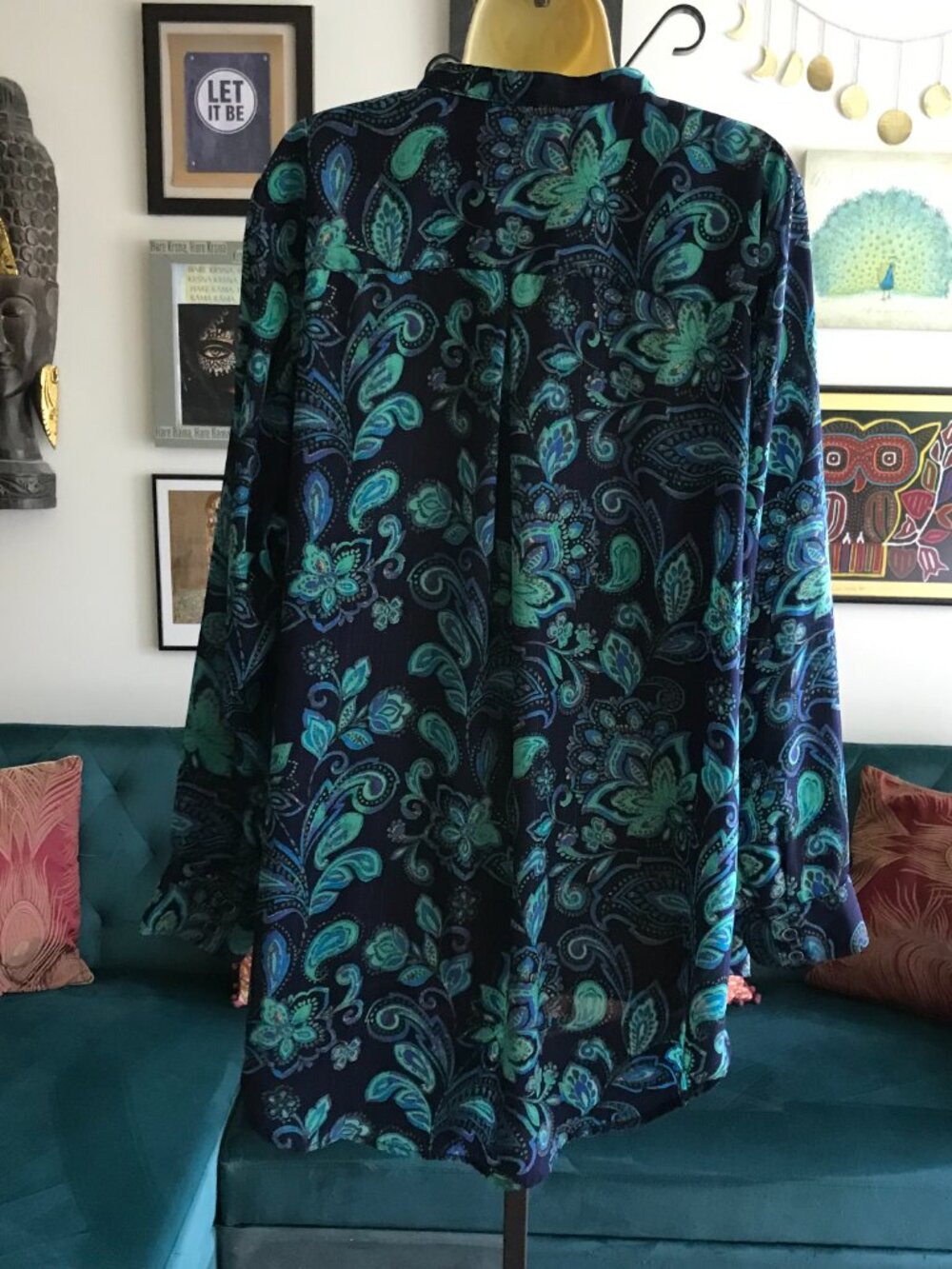 BELLE Kim Gravel size 2X Blue & Green Metallic Bohemian Paisley Print Tunic Top - Picture 3 of 4